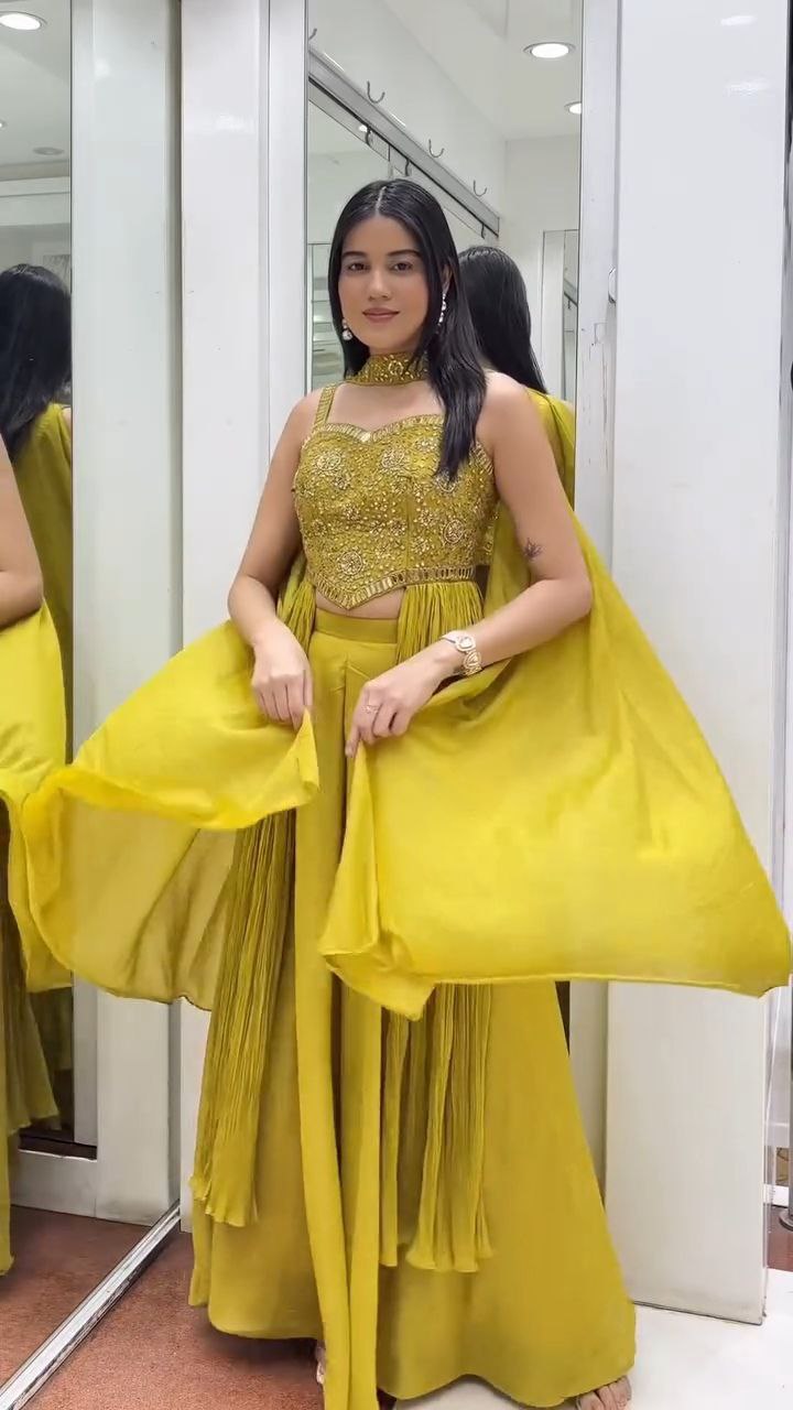 Mustard Yellow Embroidered Crop Top Palazzo Set with Cape Dupatta - Image 4