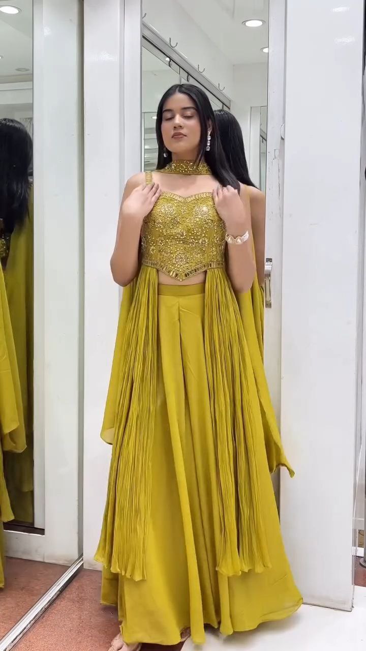 Mustard Yellow Embroidered Crop Top Palazzo Set with Cape Dupatta - Image 6