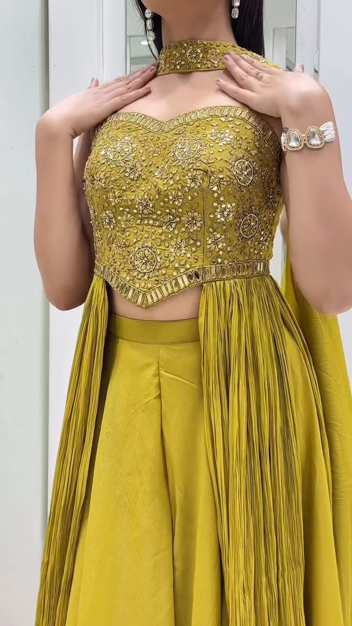 Mustard Yellow Embroidered Crop Top Palazzo Set with Cape Dupatta - Image 7