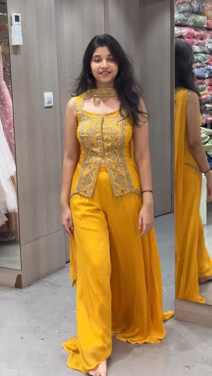 Mustard Yellow Embroidered Crop Top Palazzo Set with Dupatta - Image 3
