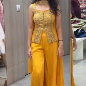 Mustard Yellow Embroidered Crop Top Palazzo Set with Dupatta