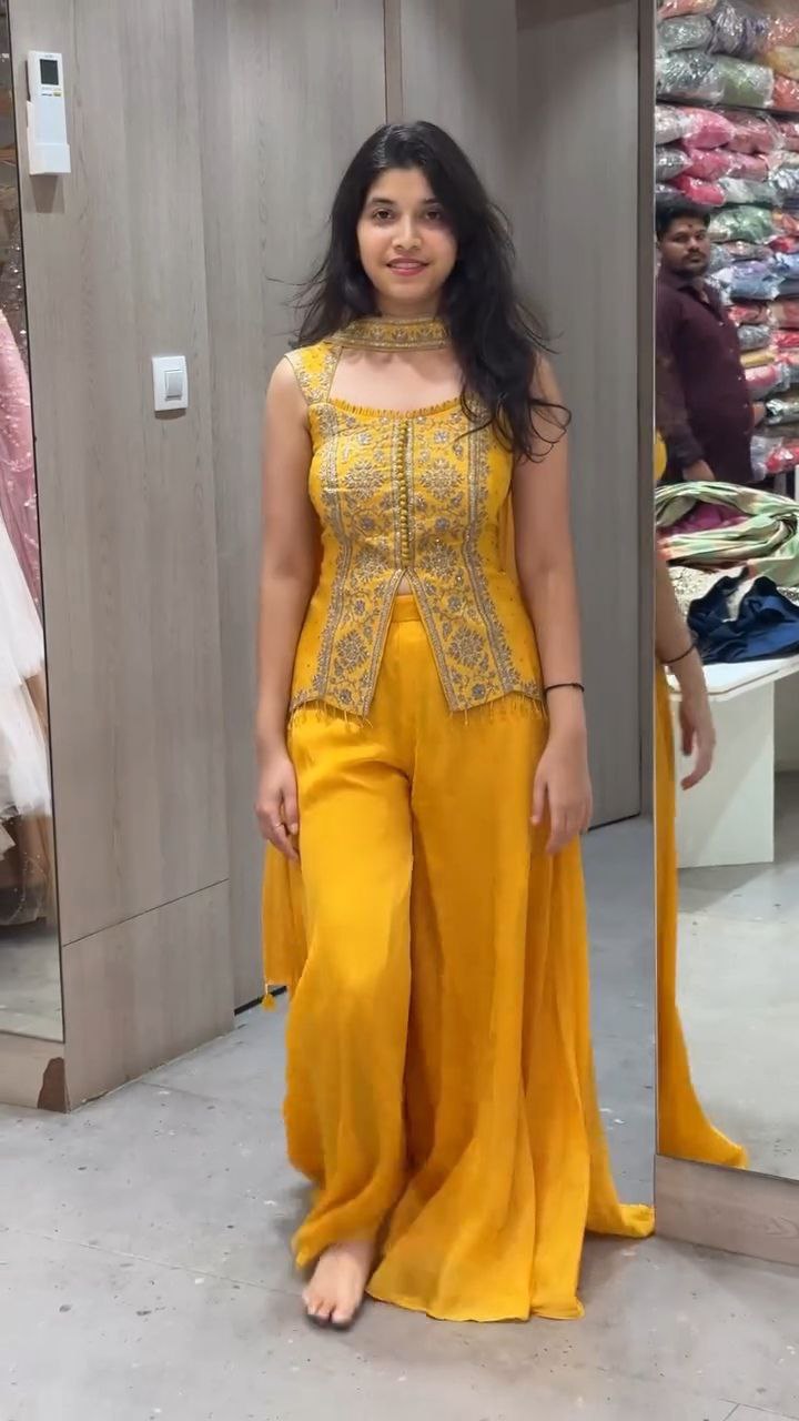 Mustard Yellow Embroidered Crop Top Palazzo Set with Dupatta