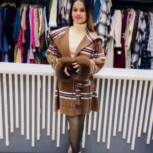 Women’s Checkered Belted Winter Coat with Fur Cuffs