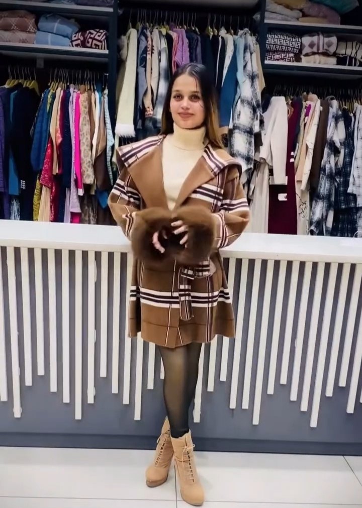 Women’s Checkered Belted Winter Coat with Fur Cuffs