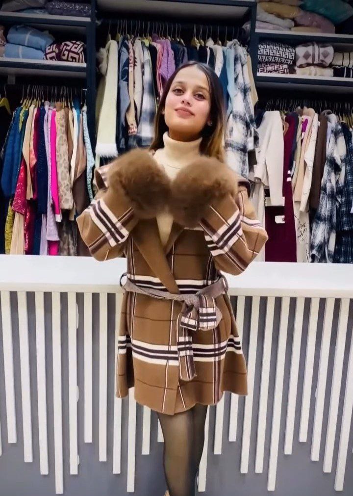 Women’s Checkered Belted Winter Coat with Fur Cuffs - Image 2