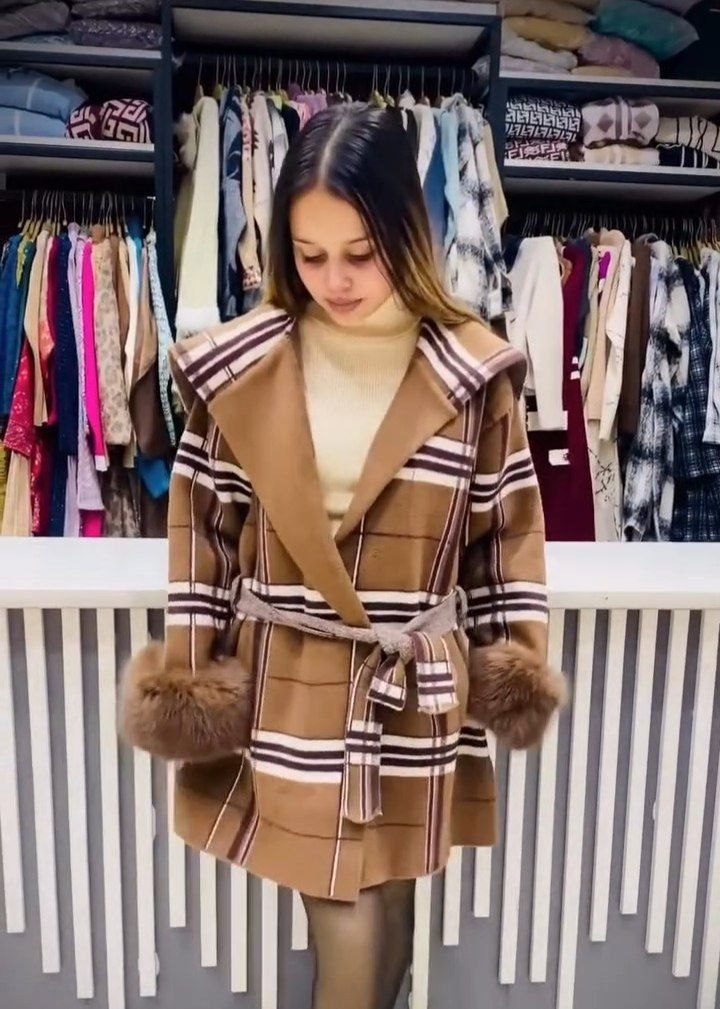 Women’s Checkered Belted Winter Coat with Fur Cuffs - Image 3