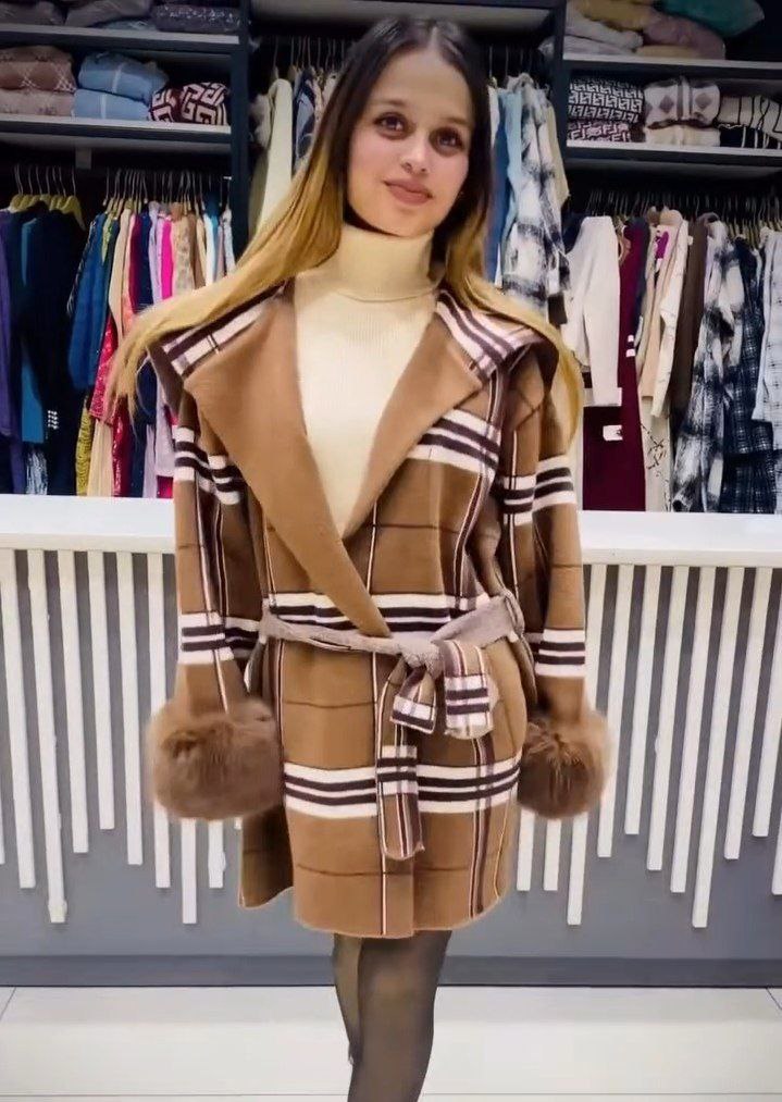 Women’s Checkered Belted Winter Coat with Fur Cuffs - Image 4