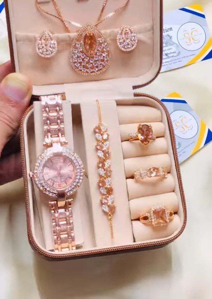 Rose Gold Peach Stone Diamond Finish Complete Jewelry Gift Set with Watch