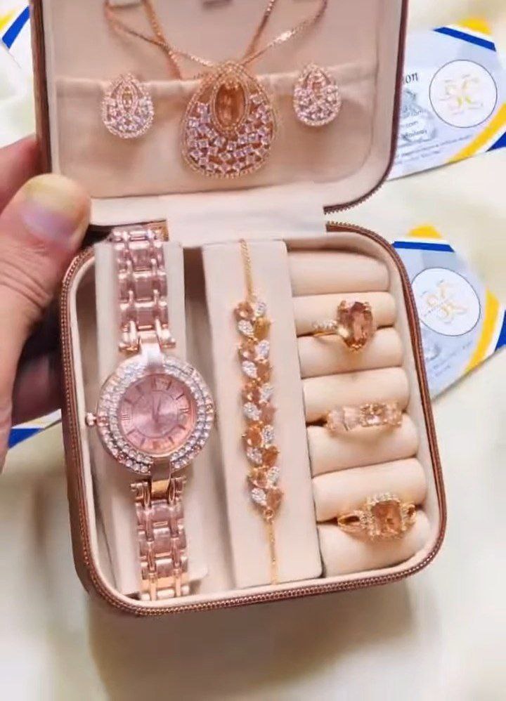 Rose Gold Peach Stone Diamond Finish Complete Jewelry Gift Set with Watch - Image 2