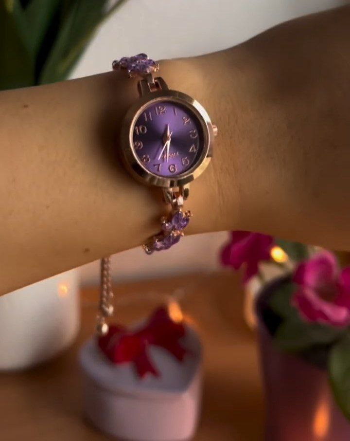 Rose Gold Purple Dial Crystal Bracelet Watch for Women