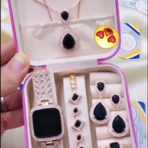 Rose Gold Black Stone Women’s Luxury Watch and Jewelry Gift Set