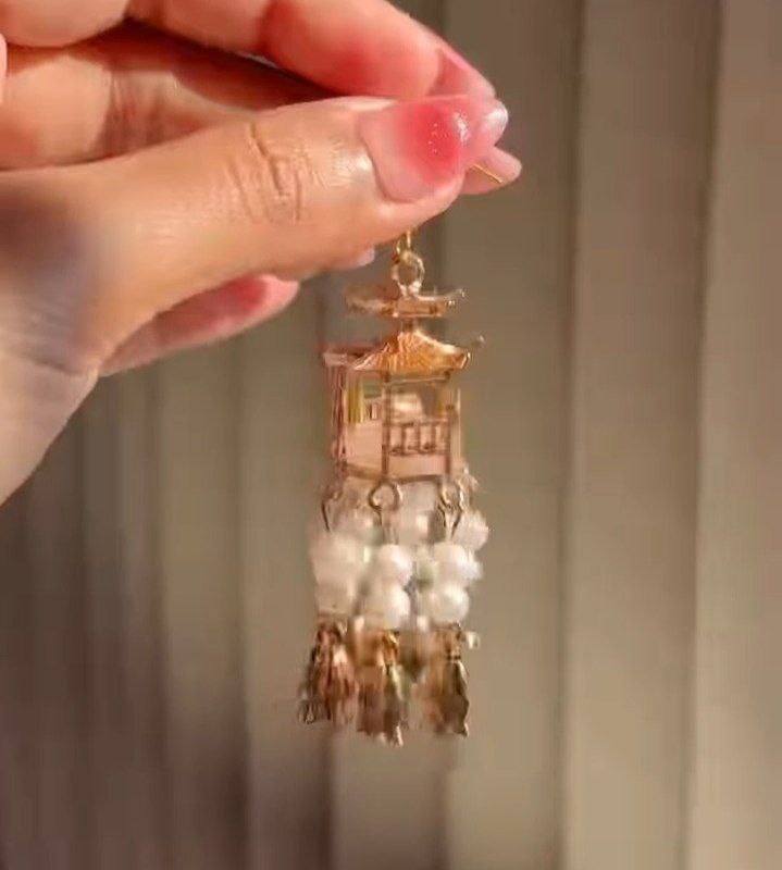 Temple Lantern Pearl Drop Earring – Traditional Fusion Statement Jewelry - Image 2