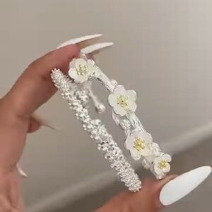 Floral Crystal Silver Open Cuff Bracelet