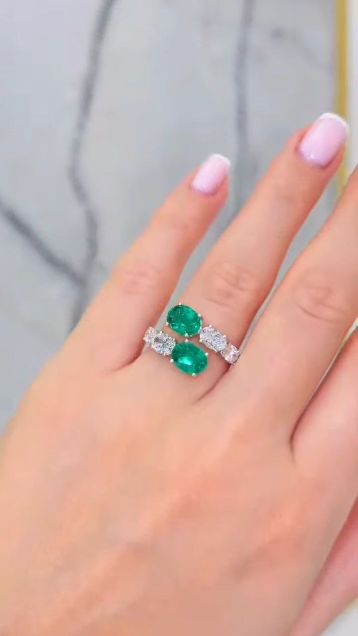 Dual Emerald Oval Stone Diamond-Style Ring SKU:7039 - Image 3