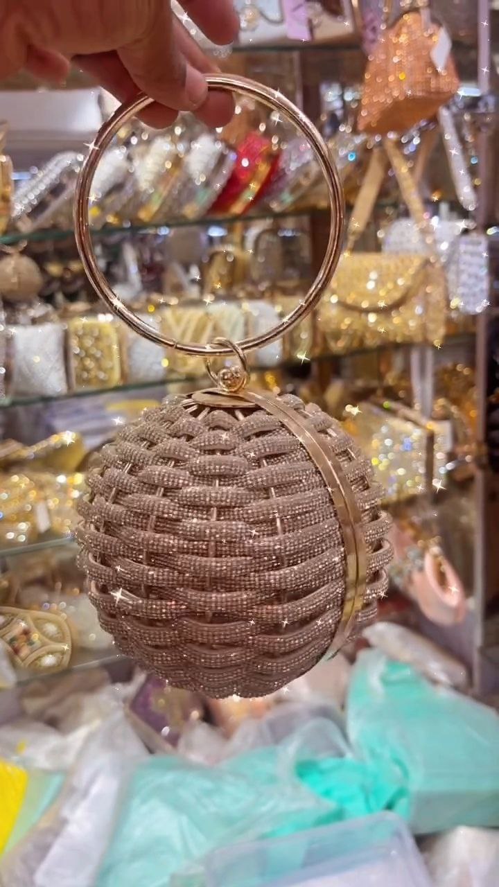 Round Beaded Crystal Clutch with Metal Ring Handle - Image 5