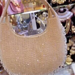 Ivory Beaded Shoulder Bag with Crystal Fringe