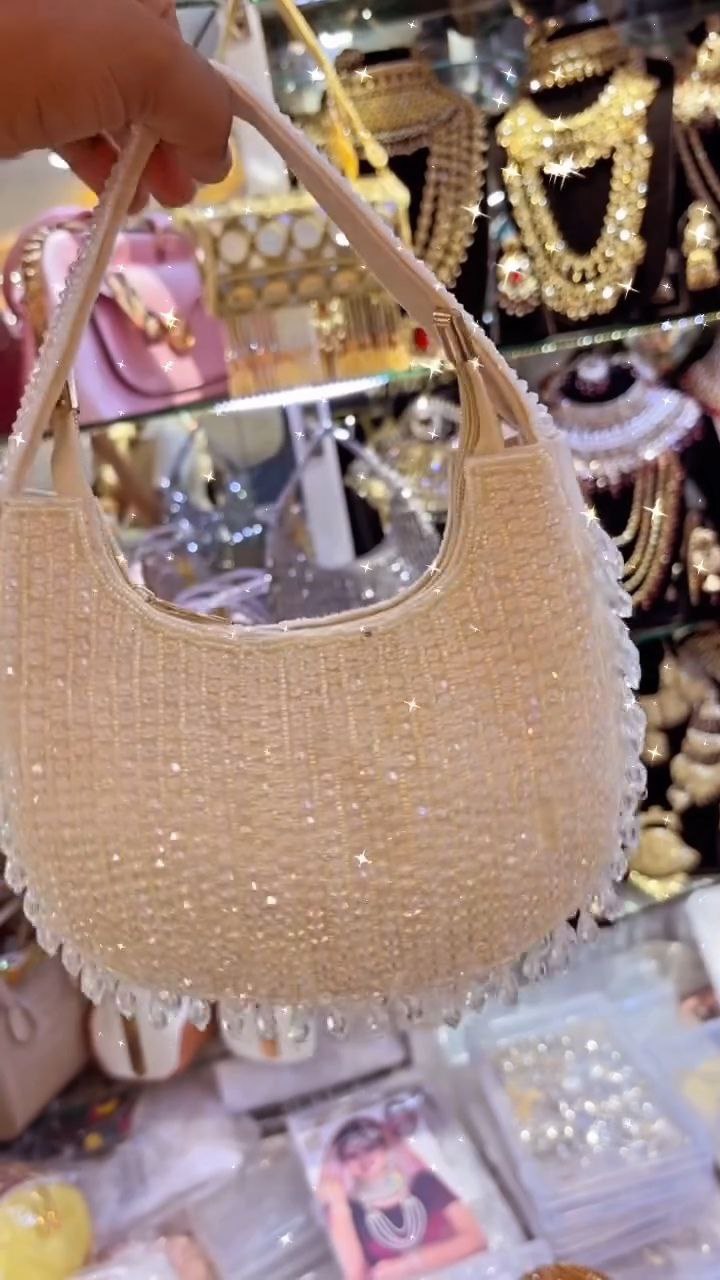 Ivory Beaded Shoulder Bag with Crystal Fringe