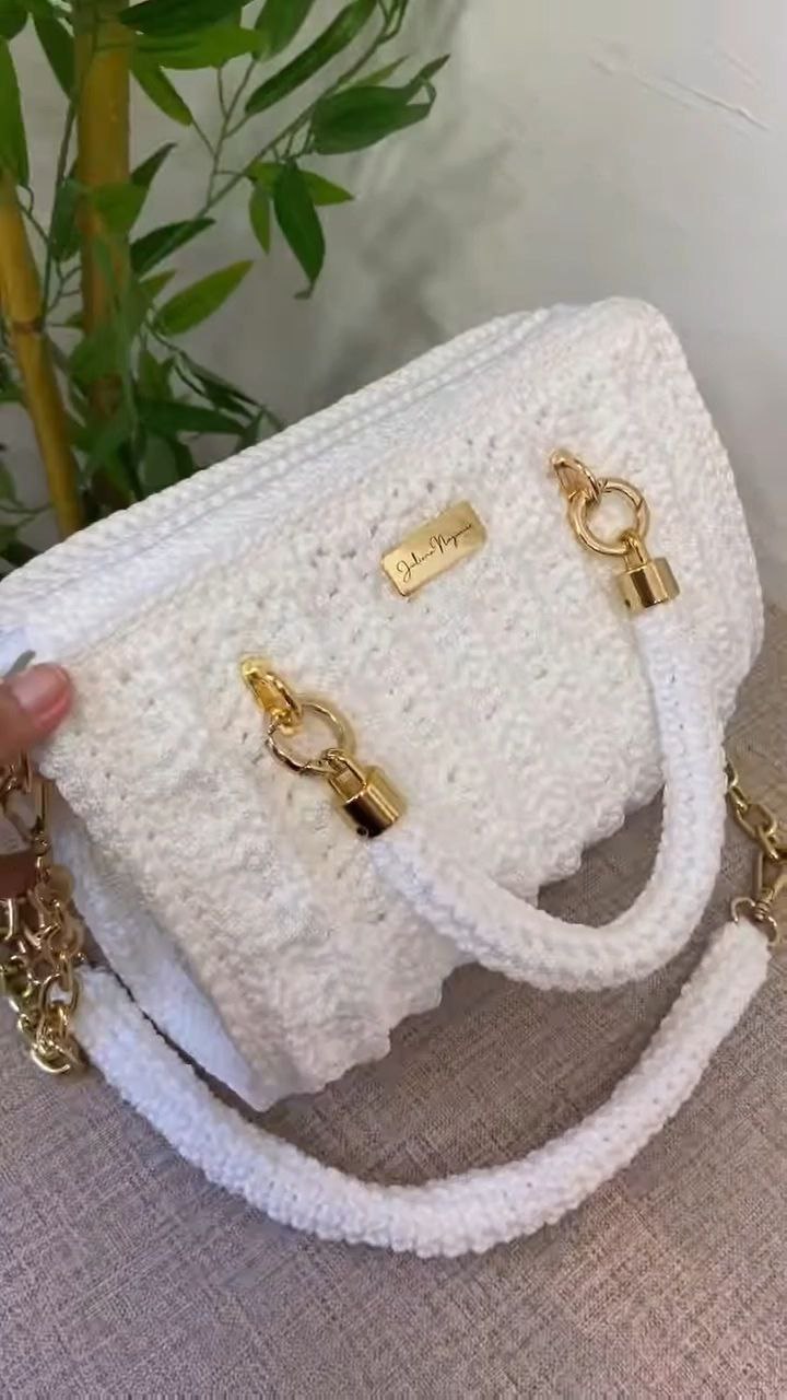 Handcrafted Crochet White Shoulder Bag with Gold Hardware - Image 2