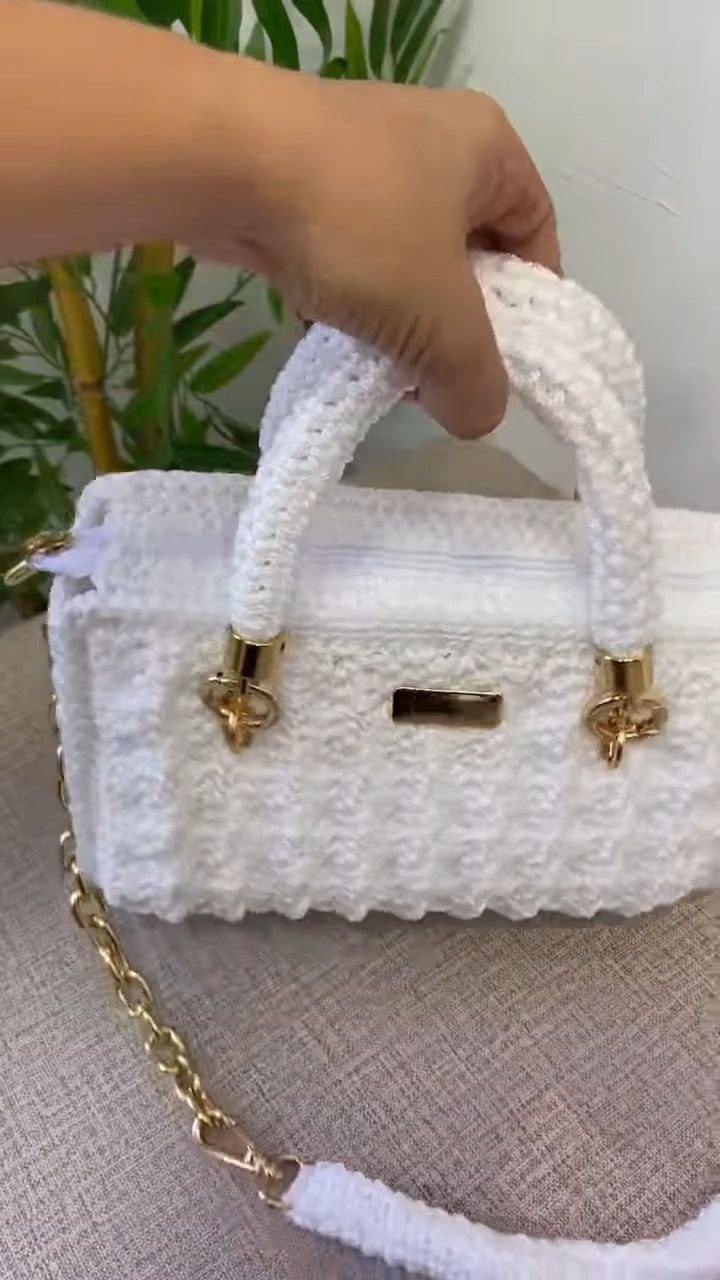 Handcrafted Crochet White Shoulder Bag with Gold Hardware - Image 3