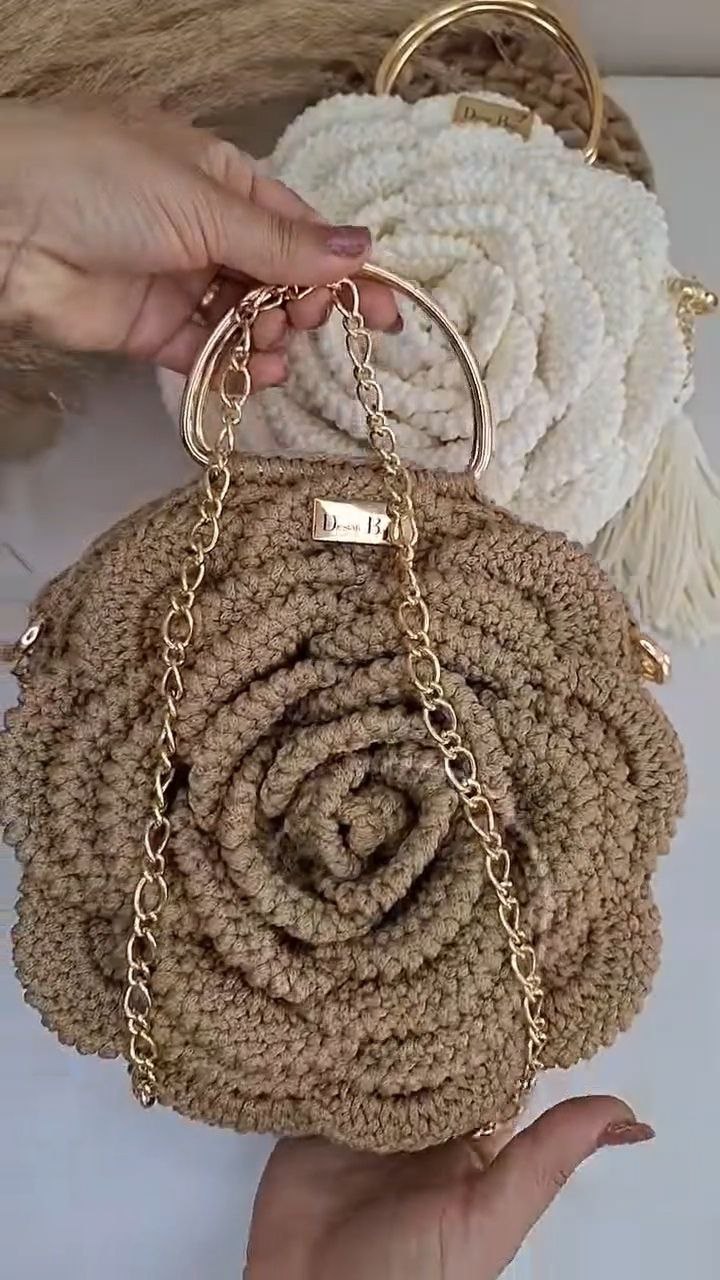 Handcrafted Crochet Rose Top-Handle Bag with Chain Strap