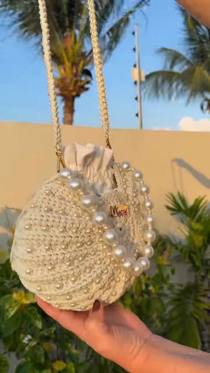 Handcrafted Crochet Pearl Bucket Bag with Drawstring - Image 4