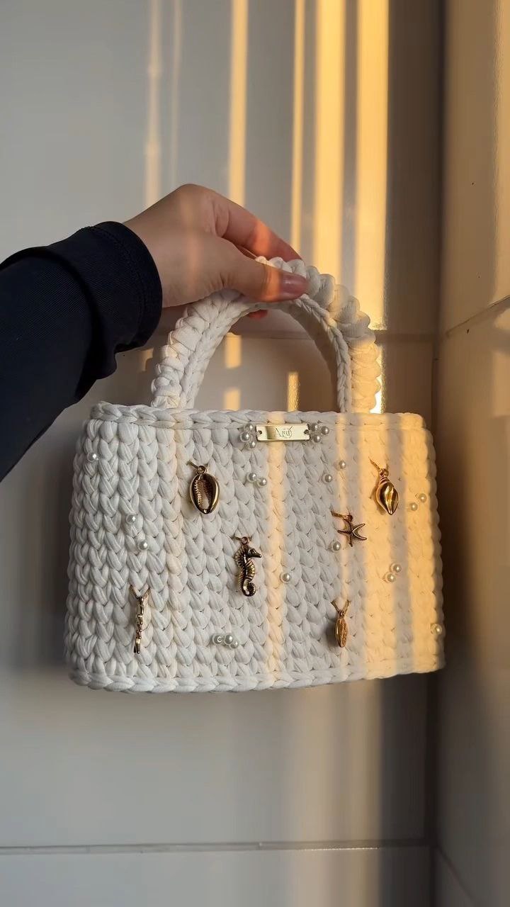 Handcrafted Crochet Tote Bag with Pearl & Charm Detailing